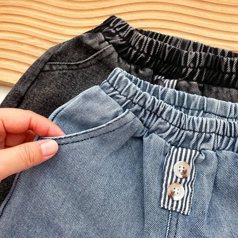 새로운 봄 가을  소녀 소년 청바지 신축성있는 허리 루즈핏 데님 바지 롤업 커프스 버튼 캐주얼 키즈 바지 A8058