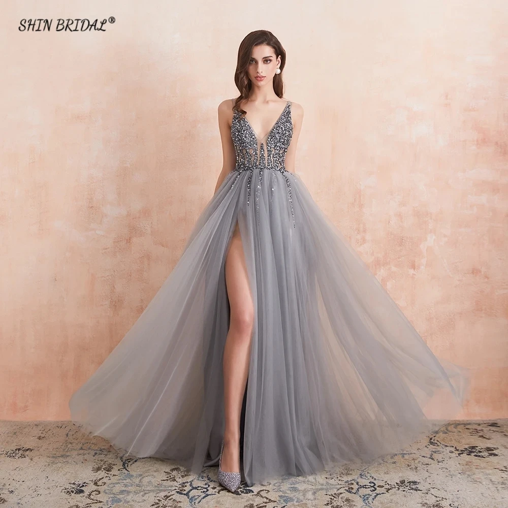 

SHIN BRIDAL Sequin Tulle A Line Evening Dresses for Women 2024 Side Slit Floor Length Formal Occasion Cocktail Wedding Dresses