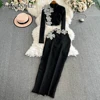TWOTWINSTYLE Solid Spliced Diamonds Two Piece Set For Women O Neck Long Sleeve Top High Waist Slim Skirt Sets Female KSE517939 1