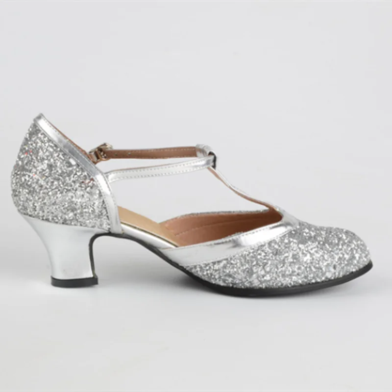 Modern Dance Shoes Women Ladies Sequin Glitter Closed Toe Tango Shoes T Strap Standard Waltz Ballroom Dancing Shoes Low Heels 5