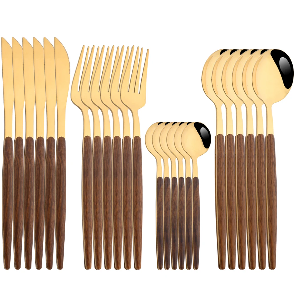 

Набор столовых приборов Drmfiy с имитацией древесины, комплект золотистой посуды для кухни в западном стиле, 24 предмета, из нержавеющей стали, нож, вилка, ложка, набор столовых приборов
