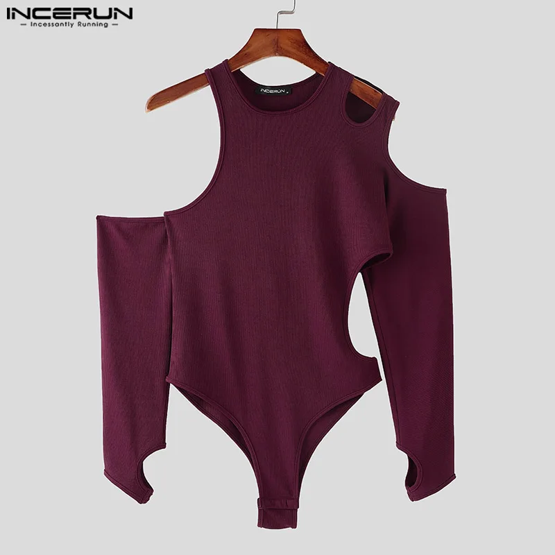 Fashion Men Sexy Homewear INCERUN Hollow Design Jumpsuits Male Casual Solid Comfortable Half Thimble Long Sleeved Bodysuits