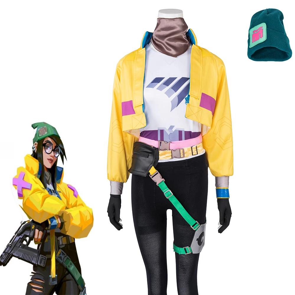 

Game Valorant Cosplay Killjoy Costume Women's Yellow Jacket Top Uniform with Green Hat Halloween Battle Outfift