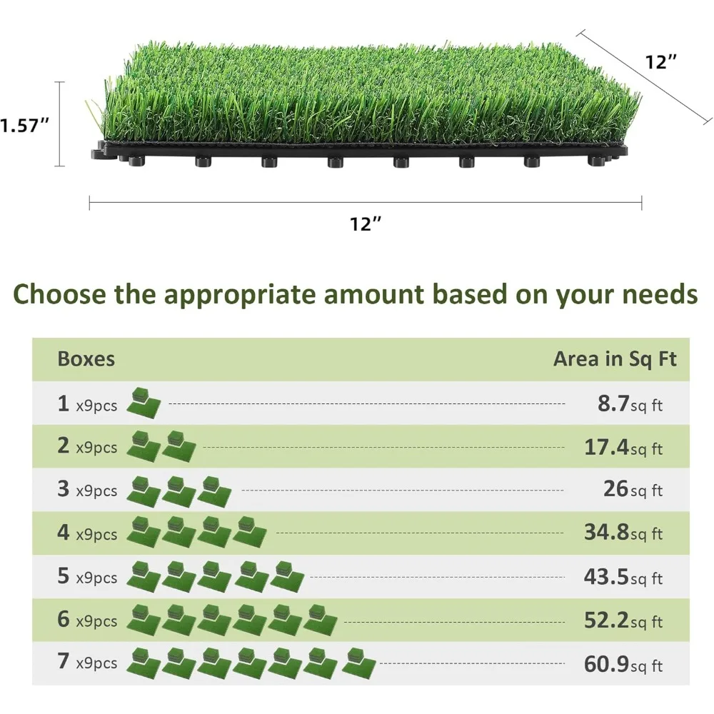 Packs Interlocking Artificial Grass Tiles Turf Outdoor Indoor Fake Grass Deck Flooring Set for Patio, Balcony, Backyard