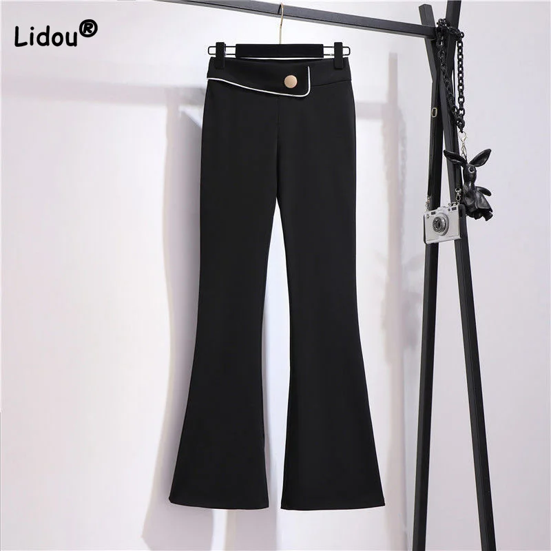 Женские драпированные расклешенные укороченные брюки, повседневные Черные Облегающие брюки с завышенной талией, на пуговицах, лето 2022