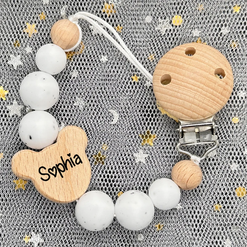 Baby Name Silicone Beads Wooden Ring Pacifier Clips silica Mouse head Teething Chains Teether Dummys Beech Clips Holders teething toys pacifier clip pacifier chain pacifier accessories teether clip teething beads baby silicone accessories