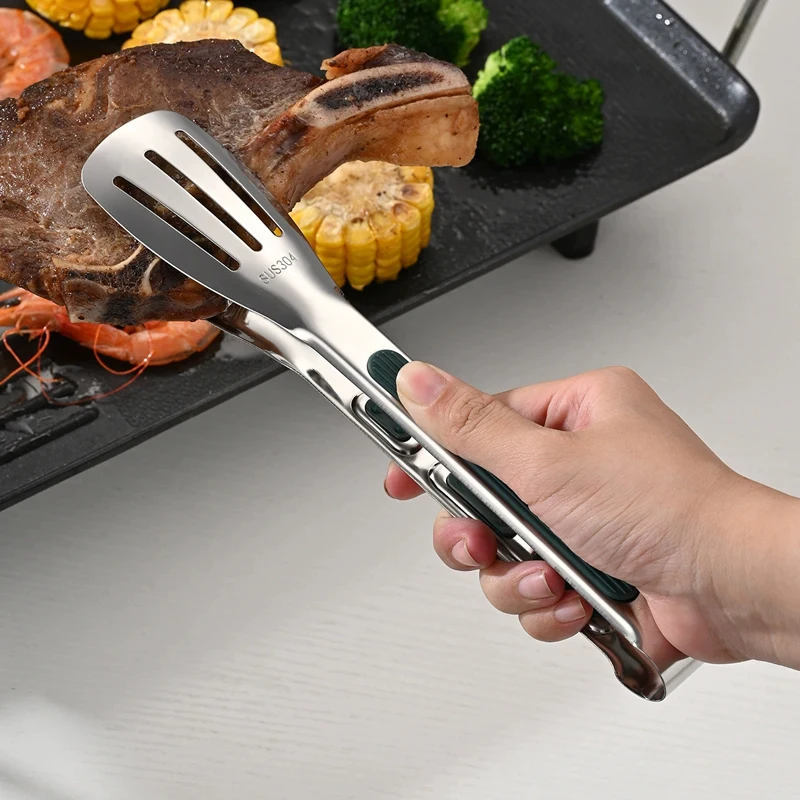 304 Stainless Steel BBQ Tongs Non Slip Heat Resistant Heavy Duty Cooking Meat Bread Salad Baking Kitchen Grill Tool