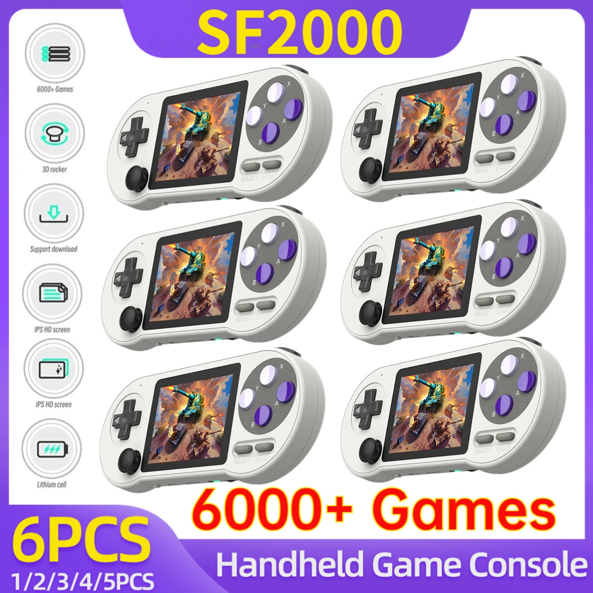 SF2000 Portable Handheld Game Console 3inch IPS Screen Retro Game Consoles Built-in 6000+ Games Mini Video Games for Kids Gifts