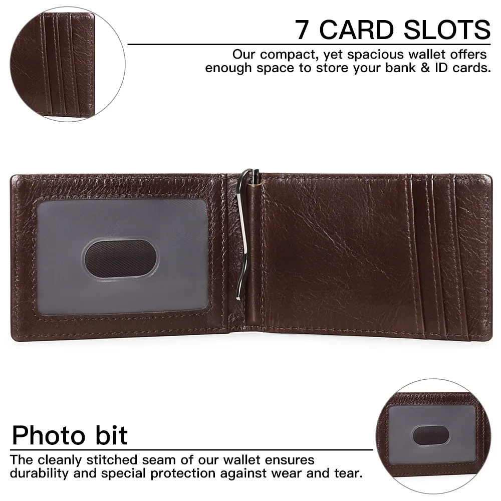 Genuine Leather Mens Wallet with money clip Slim with Metal Clips Money Holder Billfold with Money Clip 2
