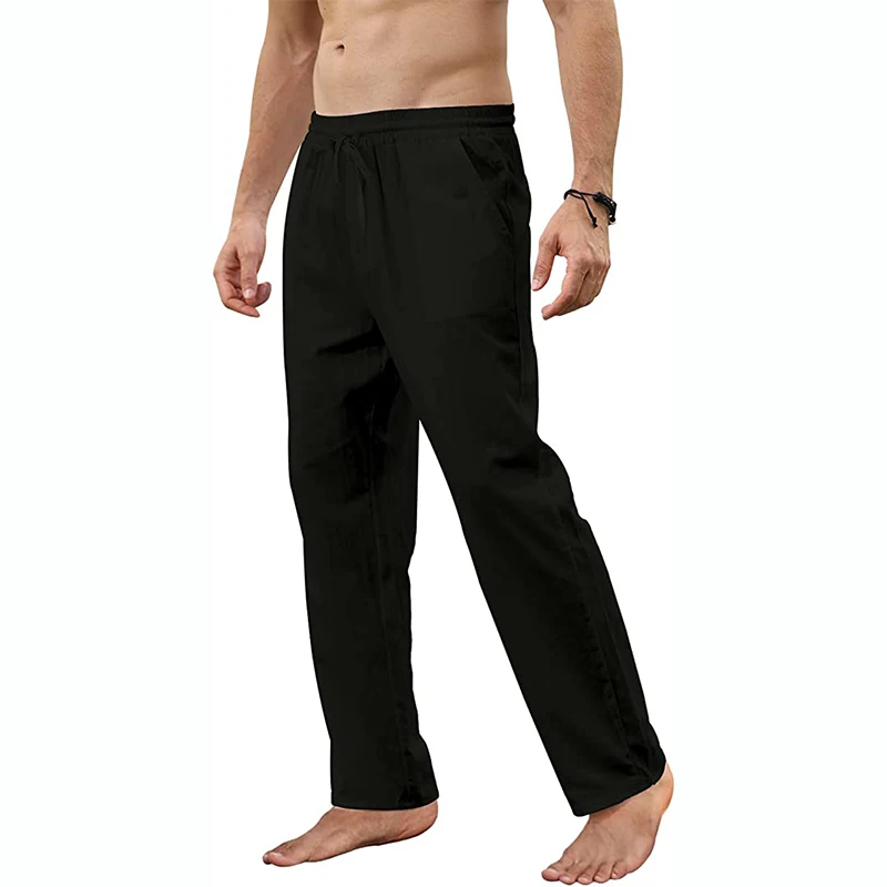 Men Trousers Cotton Linen Loose Autum Casual Breathable Solid Color Drawstring Jogger Yoga Long