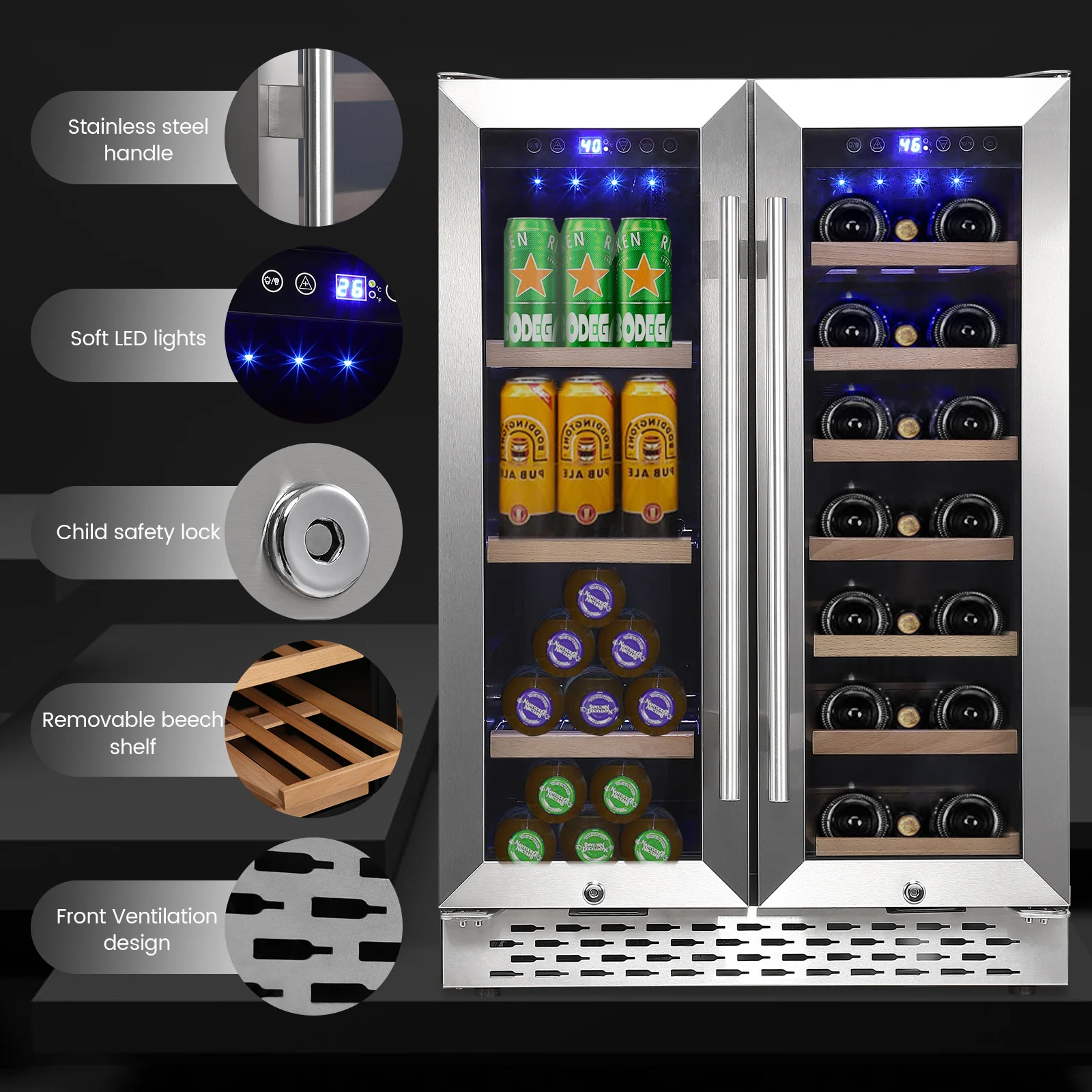 Wine and Beverage Refrigerator 24 Inch Dual Zone Wine Cooler with 40 Bottles Capacity, 120L Built-in and Freestanding