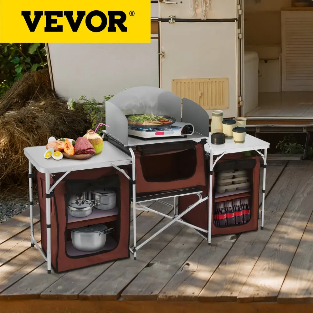 VEVOR Camping Outdoor Kitchen Table Cabinet Foldable Folding Cooking  Storage Rack X-Shaped Aluminum Alloy Bracket for BBQ Picnic