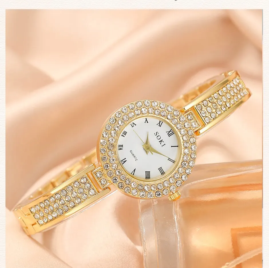 5 squisiti orologi al quarzo, set di gioielli rotondi alla moda, orologio da donna, collana di strass, orecchini, set di anelli_voghion.com