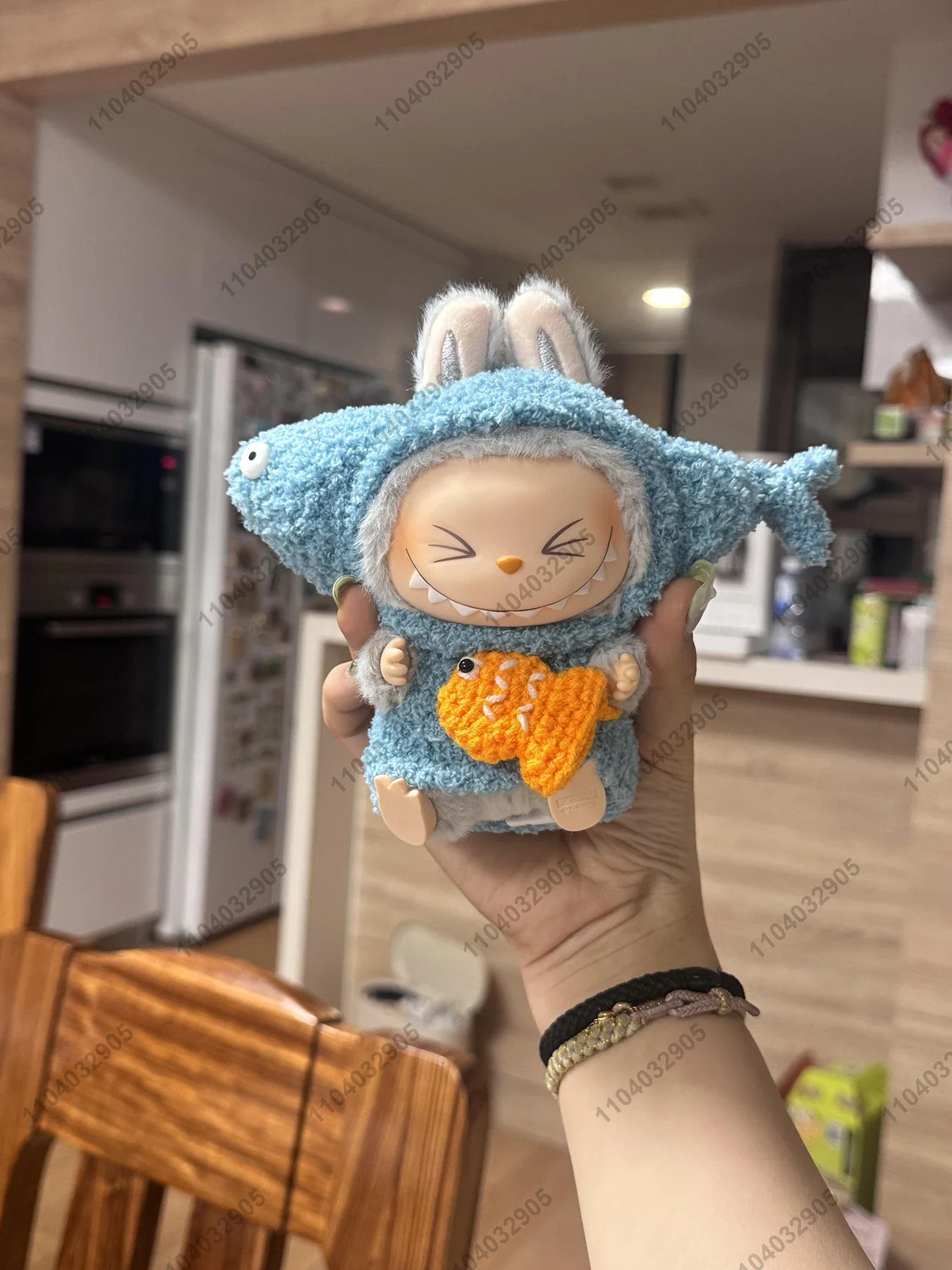 Labubu The Monster Cute Blue Fish Costume Cartoon Clothes 1:1 Original Replica Vinyl Doll Action Figure Bag Charm Pendant Gift