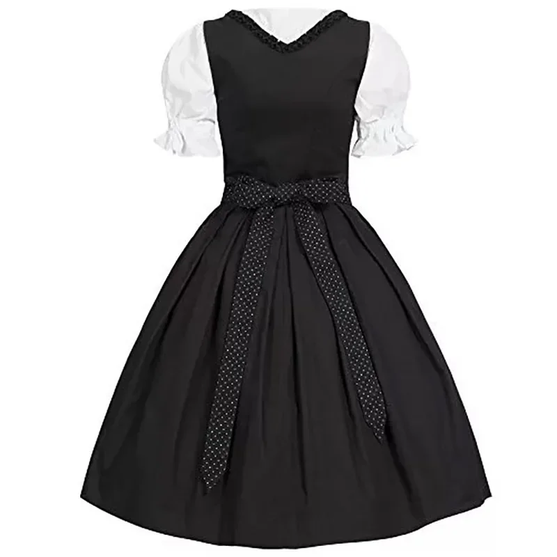 Maid Costume Black Dirndl Renaissance Dress Adult Women Oktoberfest Festival Puff Sleeves Lace Up Biergarten Lady Plus Size