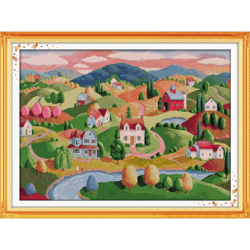 Joysunday Ölgemälde Dorf Muster Kreuz stich Kit Home Dekoration Geschenk Fabrik direkt dmc 16 14ct handgemachte Stickerei Set