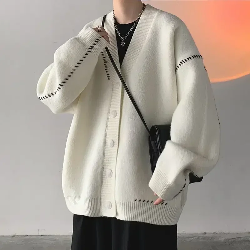 

Man Clothes Jacket Spliced Coat White Knitted Sweaters for Men V Neck Cardigan Maletry Loose Fit Japanese Harajuku Fashion Baggy