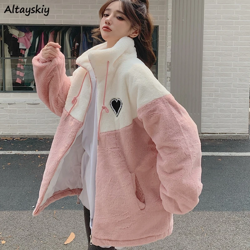 

Furry Lambswool Jackets Women Lovely Contrast Color Design Loose Sweet Students Winter Coats Leisure Keep Warm Chaqueta Mujer