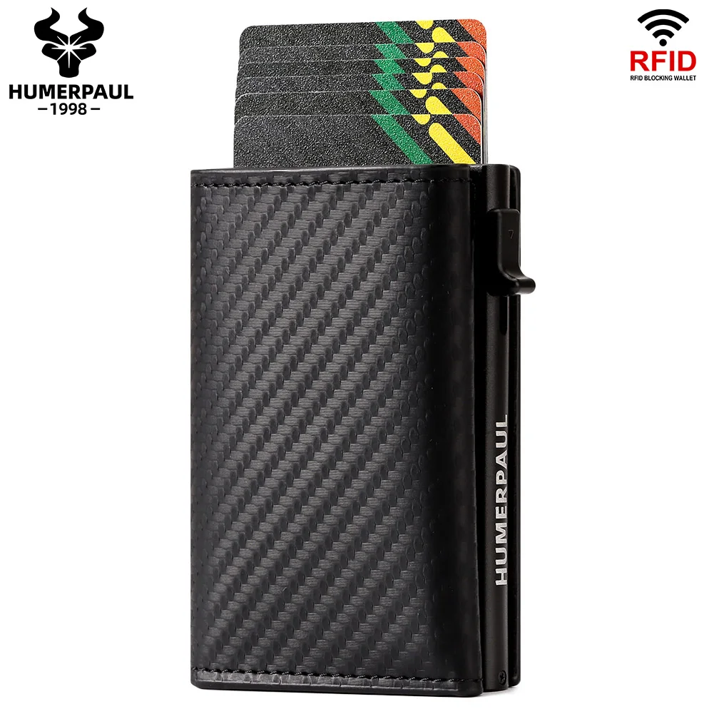 Carbon Fiber Magnetic Men's Credit Card Holder RFID Pop Up Cards Storage Case Automatic Smart Walet with Money Clip