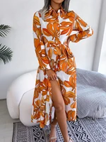Women Casual Floral Print Long Sleeve Maxi Shirt Dress for Spring Autumn 2026 Elegant Contrast Color Lapel Buttons Long Dresses - Image 3