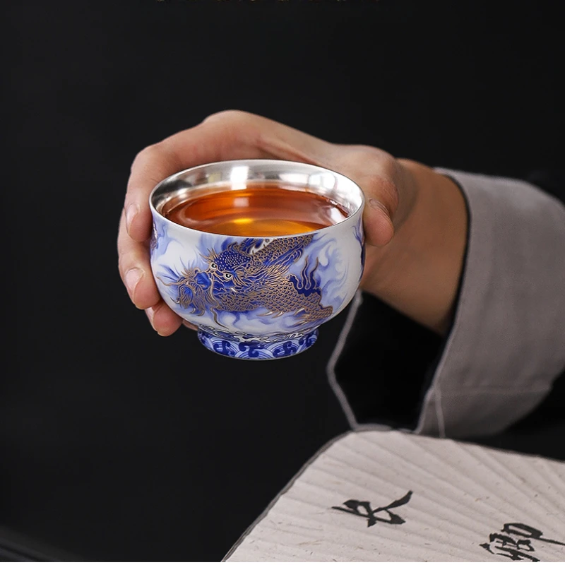 Exquisite enamel gilded silver dragon patterned tea cup 1pcs Ceramic Tea Bowl Home Pu 'er Master Cup Handmade Porcelain Tea Set