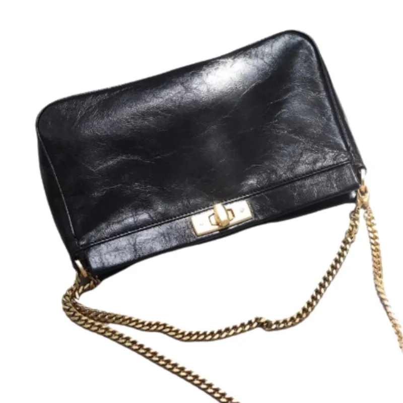 Retro Chain Minimalist Design Shoulder Bag Women Buckle Texture Leather Square Handbag Ladies Black Casual Commute Crossbody Bag