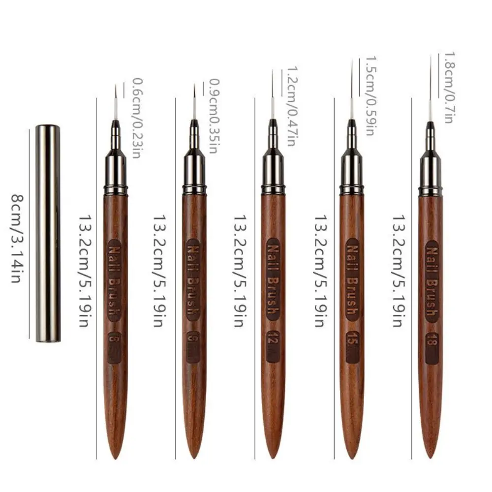 새로운 6/9/12/15/18mm 네일 라이너 브러쉬 샌달우드 손잡이 전문가용 미세 디테일 네일 브러쉬 네일 라인 드로잉 브러쉬 네일 페인팅 브러쉬