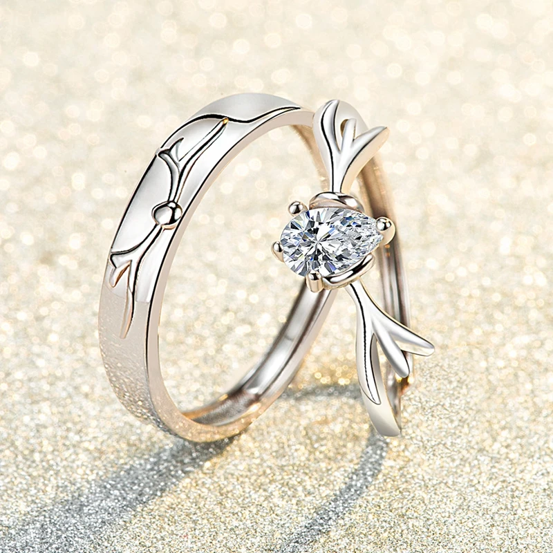 

New 925 Silver Plated Couple Rings For Lovers Deer Zircon Adjustable Opening Ring Women Men Anniversary Party Gifts Accessories