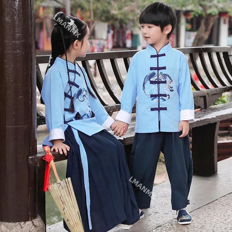 Chinese Traditional Crane Embroidery Kids Hanfu Clothing Set Children Tang Suit Girls Party Dress Boys Kung Fu Tops Skirts Pants