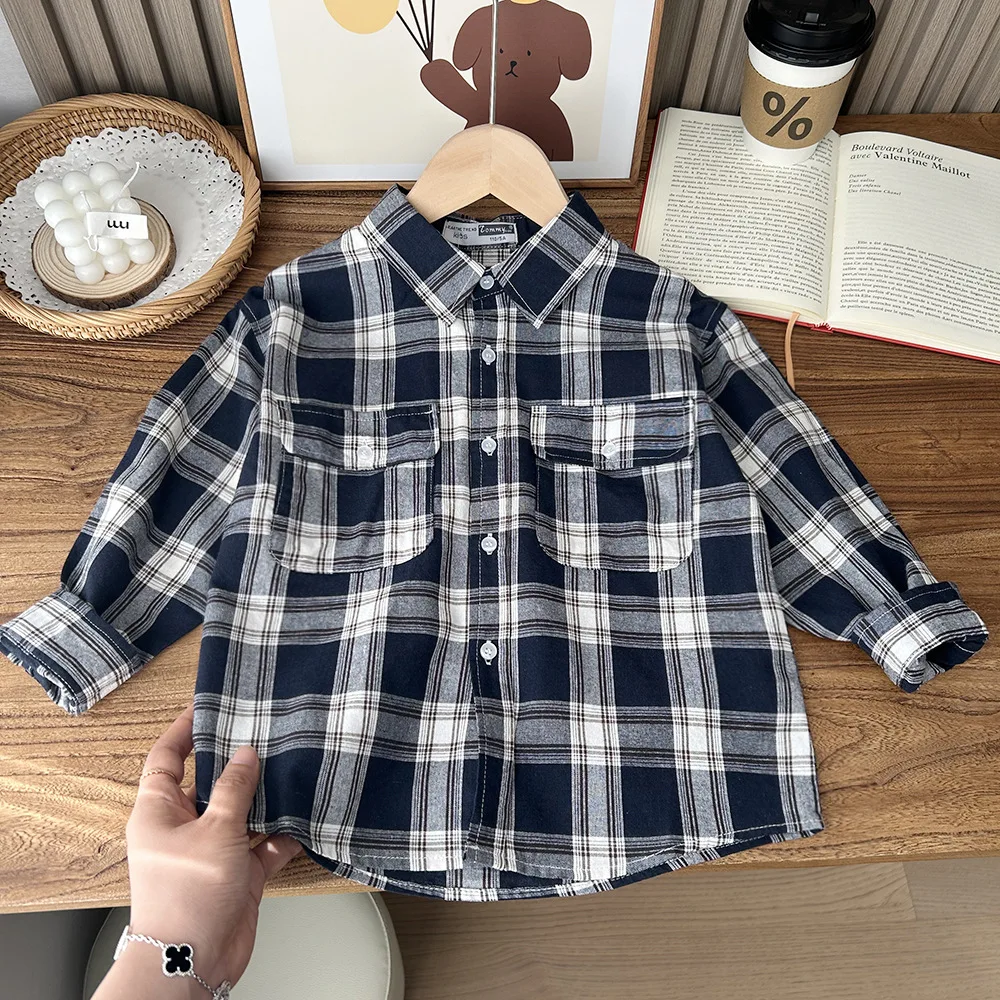 

2024 spring new children's shirts, baby spring and autumn plaid shirts, little boys color-blocked long-sleeved shirts