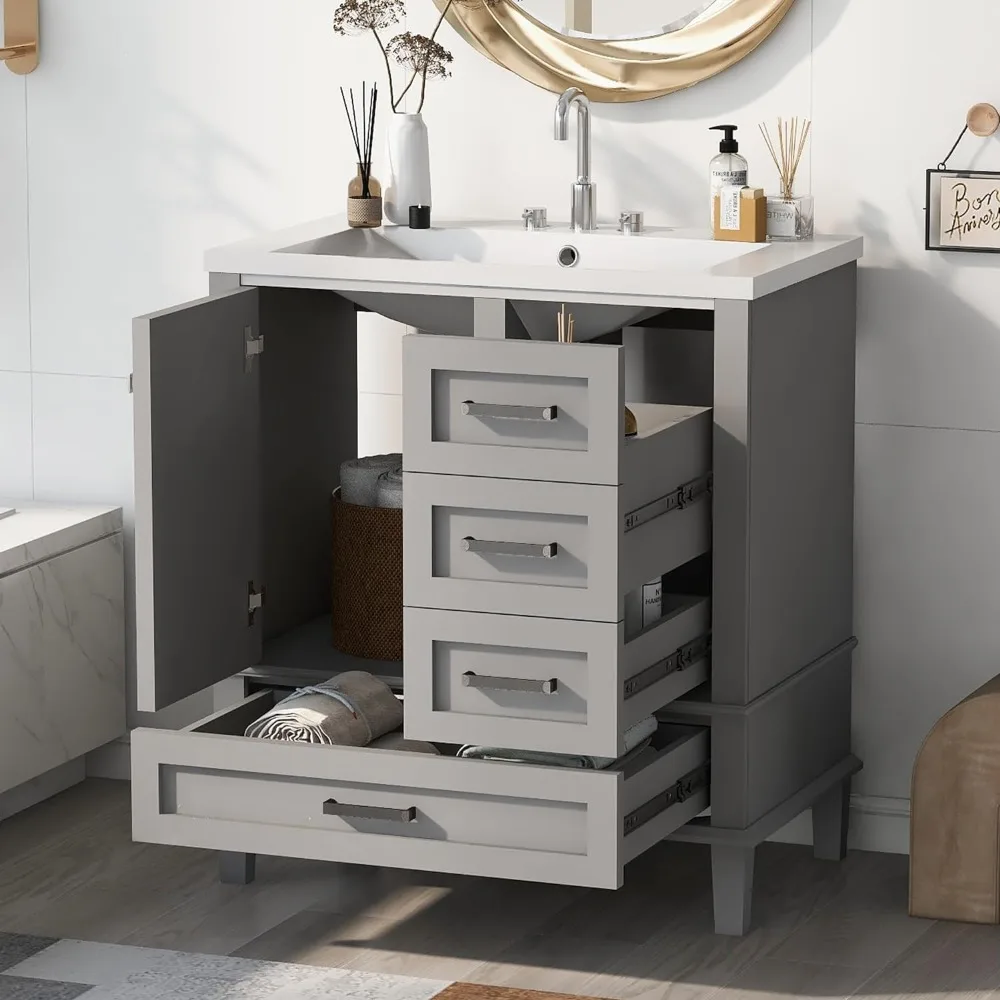 Merax 30 Inch Bathroom Vanity with Sink Top Combo, Modern Cabinet with Soft Closing Door & 3 Storage Drawers, Grey