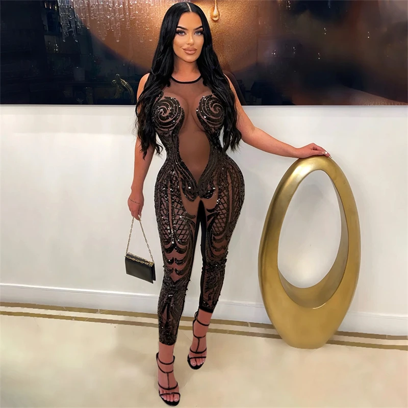 

Adogirl Sequins Sheer Mesh Jumpsuits Women Sexy Patchwork Sleeveless Skinny Night Club Romper Party Overalls