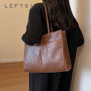 LEFTSIDE Big PU Leather Shoulder Bag for Women 2023 Winter Korean Fashion  Tote Bag Female Simple Retro Handbags Hand Bags