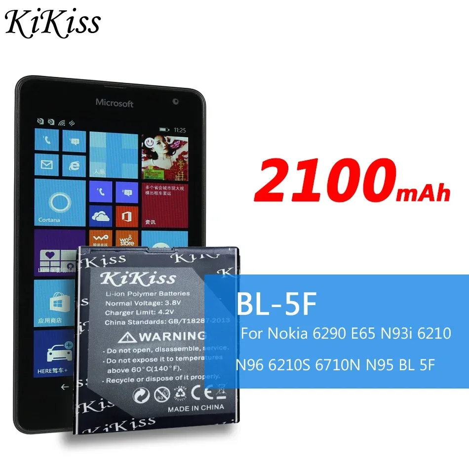 2100Mah Kikiss Batteria Ricaricabile Per Cellulare 950Mah Bl-5F Per Nokia 6290 E65 N93I 6210 N96 6210S 6710N N95 Bl 5F
