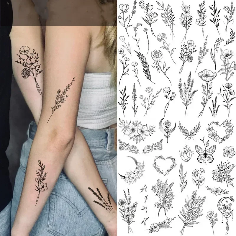Butterfly Fake Tattoo for Woman Black Flower Tattoo Sketch Tattoo Sticker  Rose Blossom Tattoo Temporary Waterproof 2