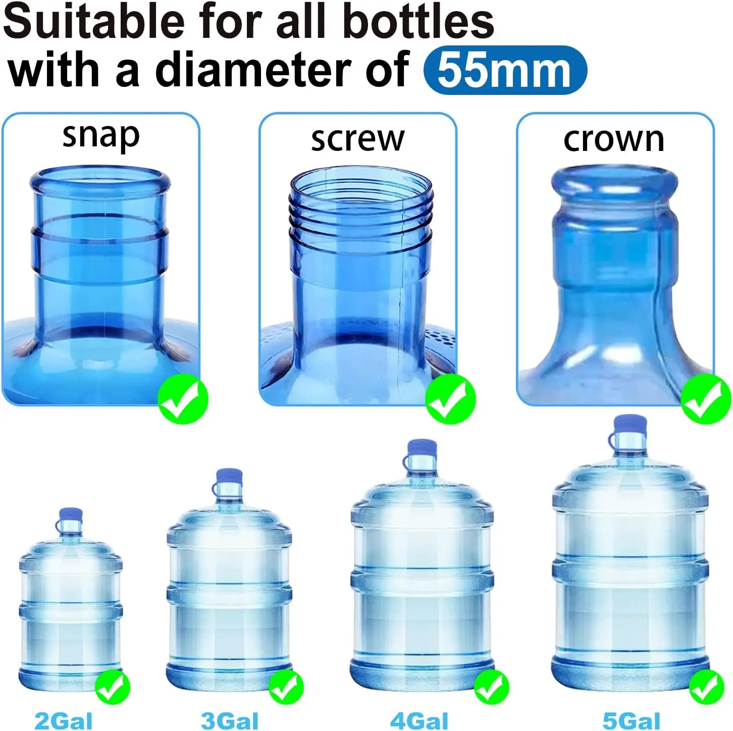 3Pcs 3- 5 Gallon Reusable Water Jug Cup , Silicone Replacement 55mm Standard Water Bottle Dispensers, Non-Spill Leak Free