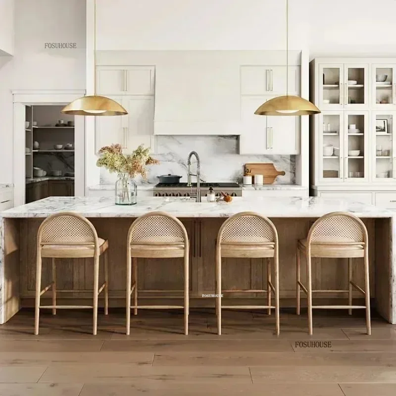 Modern Woven Rattan Bar Chairs Commercial Barstools Luxury Home Furniture Nordic Minimalist Solid Wood Kitchen High Stool H l