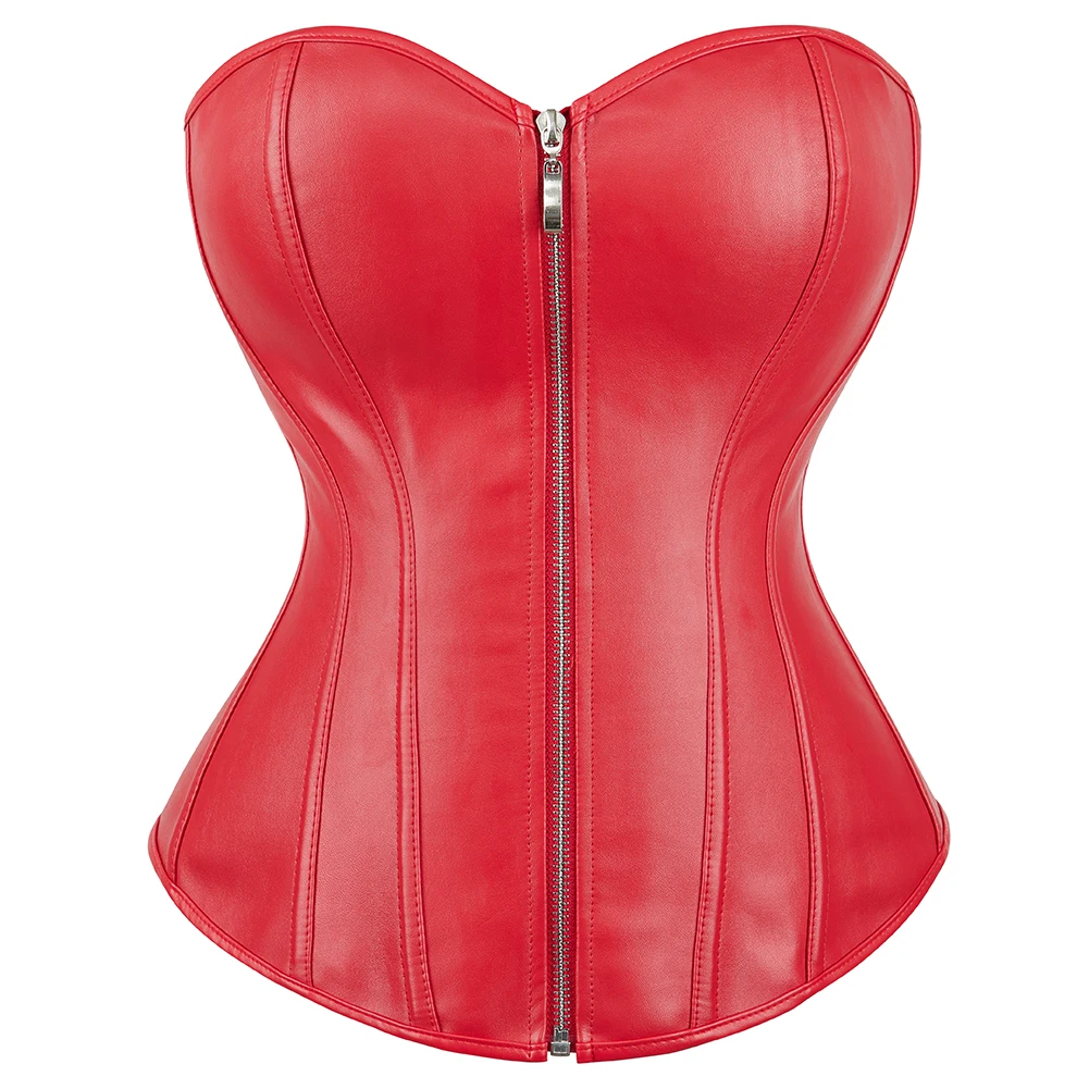 

Leather Overbust Corset Zip Up Zipper Bustier Top Showgirl Night Clubwear Sexy Gothic Steampunk Gorset Plus Size Waist Shaper