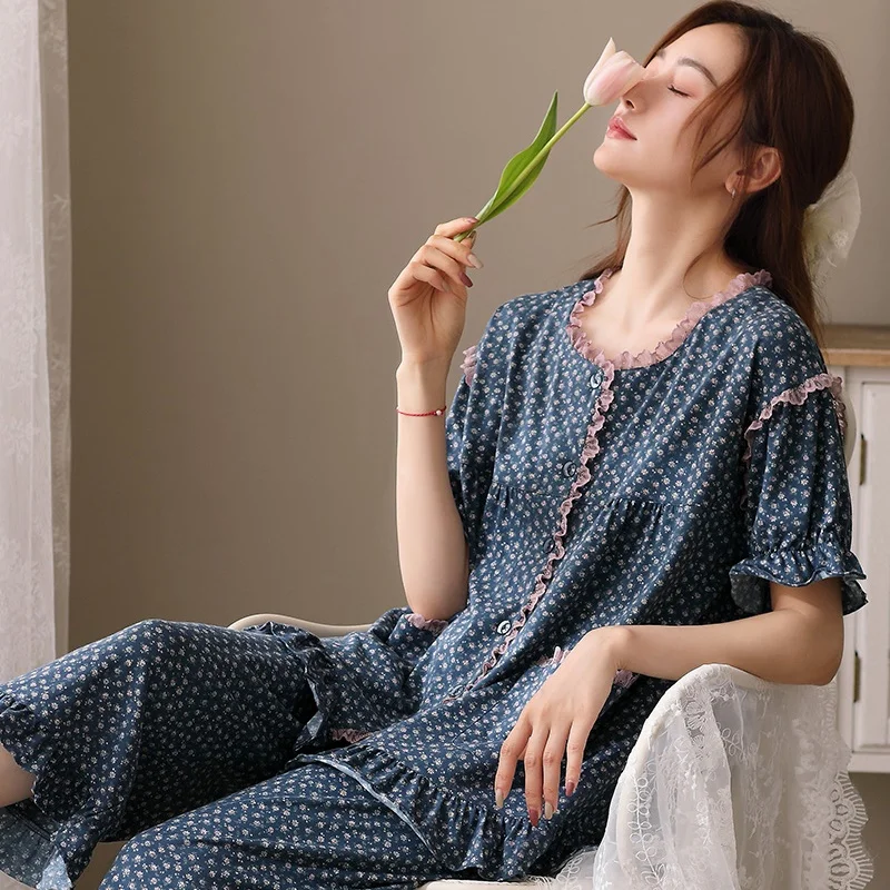 

Летняя женская пижама с цветочным рисунком, кардиган с коротким рукавом и круглым вырезом, повседневный тренировочный костюм, Женская ткань, большие размеры, домашняя одежда