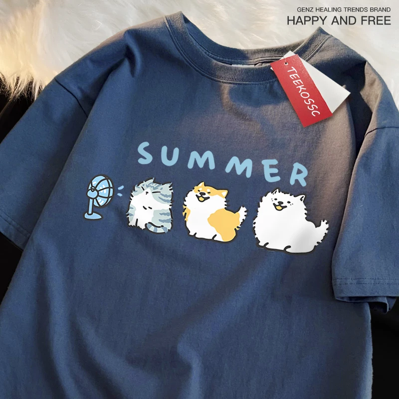 Cats And Dogs Blowing Fans Print T-Shirts Men Women Casual Loose Clothing Oversized Summer Tops Cotton Cartoon Street Tshirts