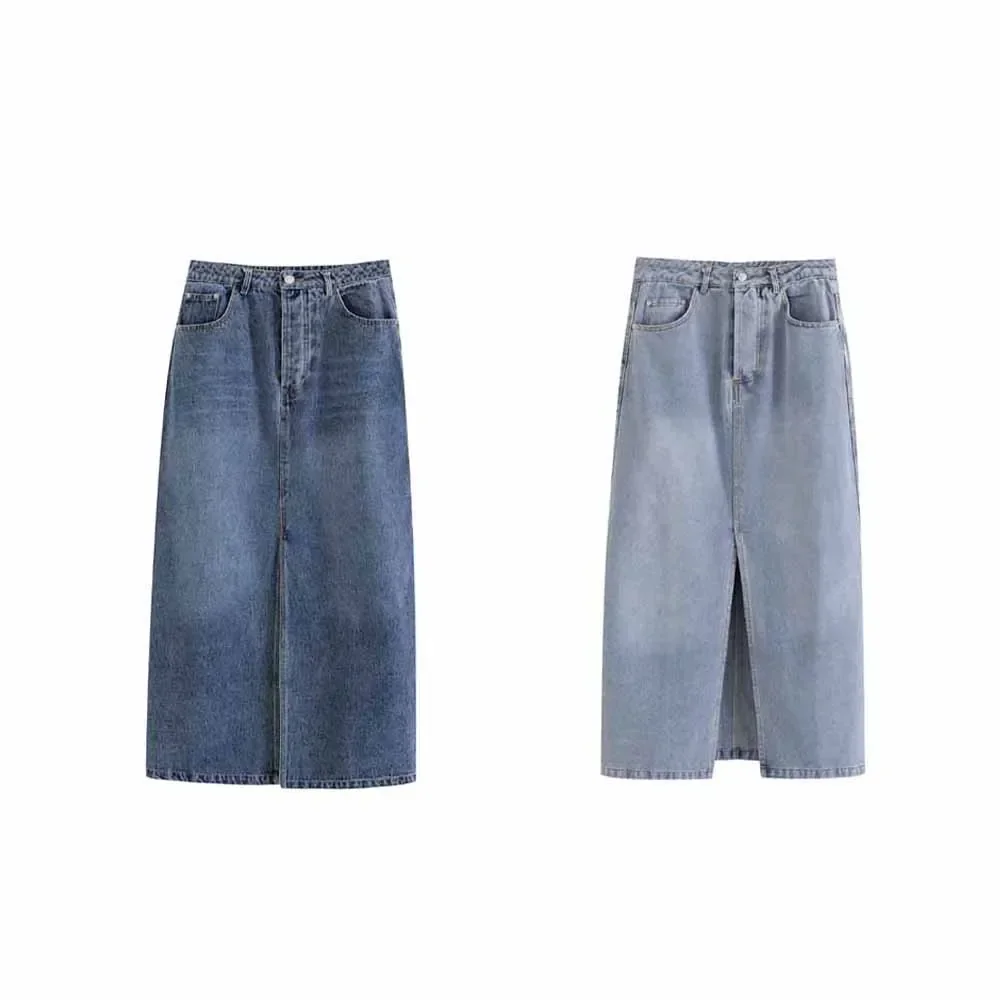 

Women's New Chic Fashion Side Pocket Decoration Casual Split Denim Midi Skirt Retro High Waist Button up Women's Skirts Mujer