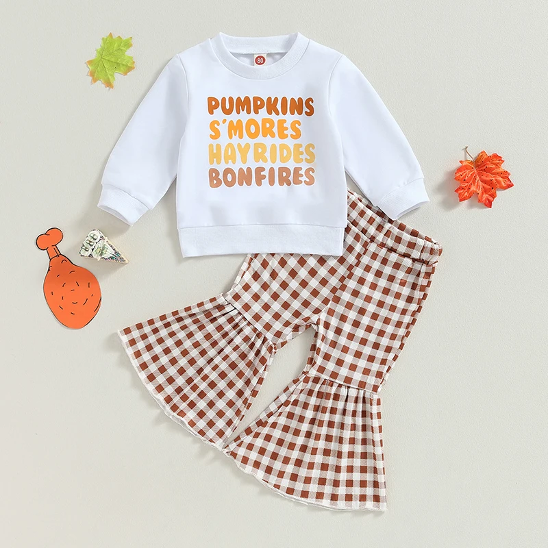 

BeQeuewll Toddler Girls Fall Outfits Letter Print Crew Neck Leisure Sweatshirts Plaid Flare Pants 2Pcs Thanksgiving Clothes Set