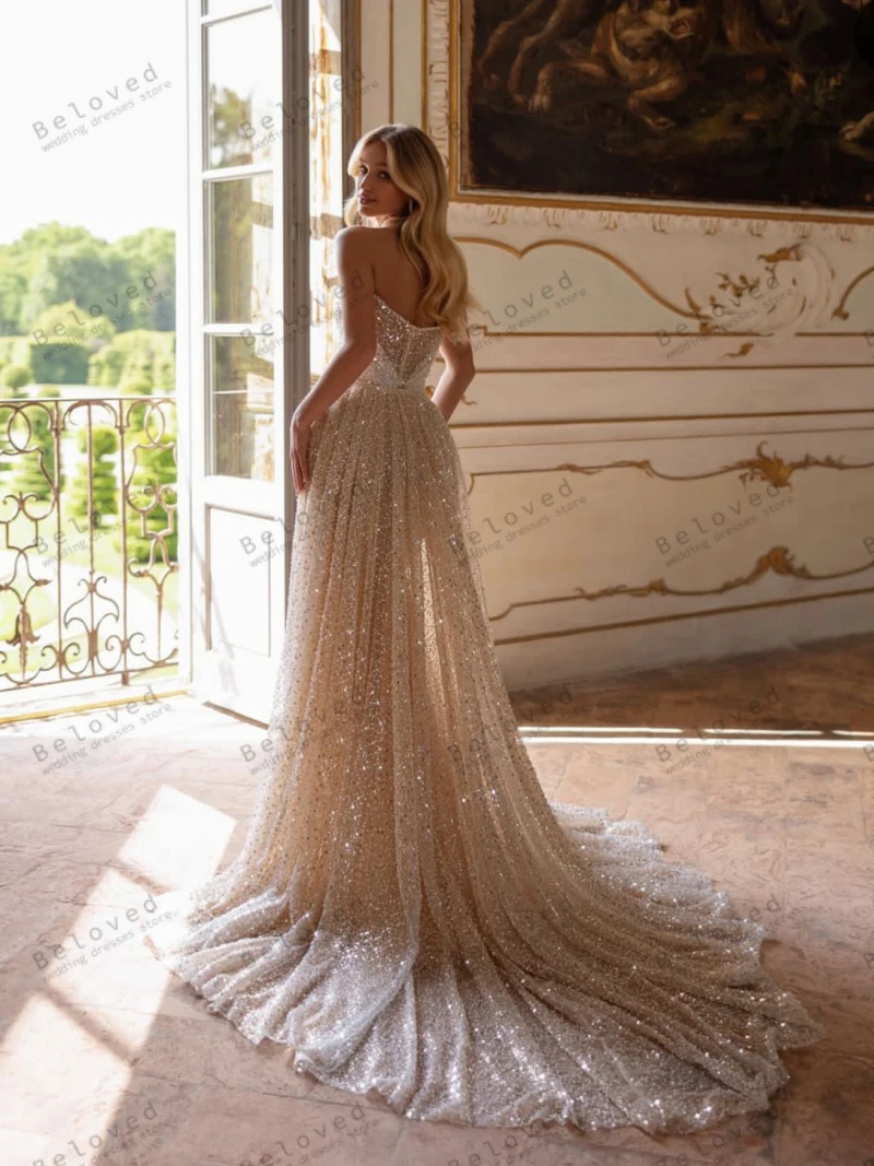 Wunderschöne Brautkleider, glitzernde Brautkleider, Paillettenapplikationen, ärmellose Roben für formelle Partys, Vestidos de Novia, individuell gestaltet – Detail 4