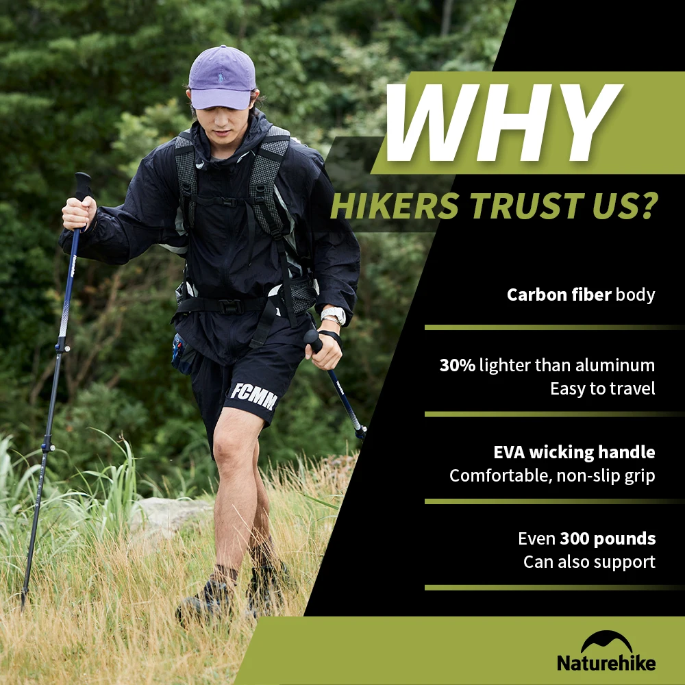 Naturehike Walking Stick First Snow EXT1 Carbon Fiber Hiking Poles 3 Section Ultra-light Telescopic Outdoor Climbing Hiking Cane 2