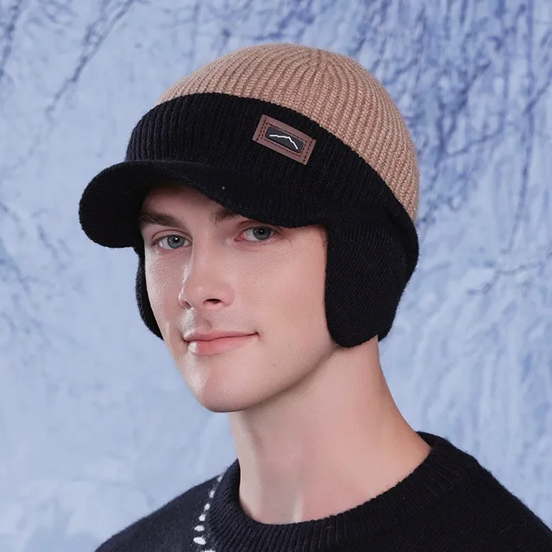 Winter Beanie W/Visor Earflaps for Men Outdoor Fleece Hat Men