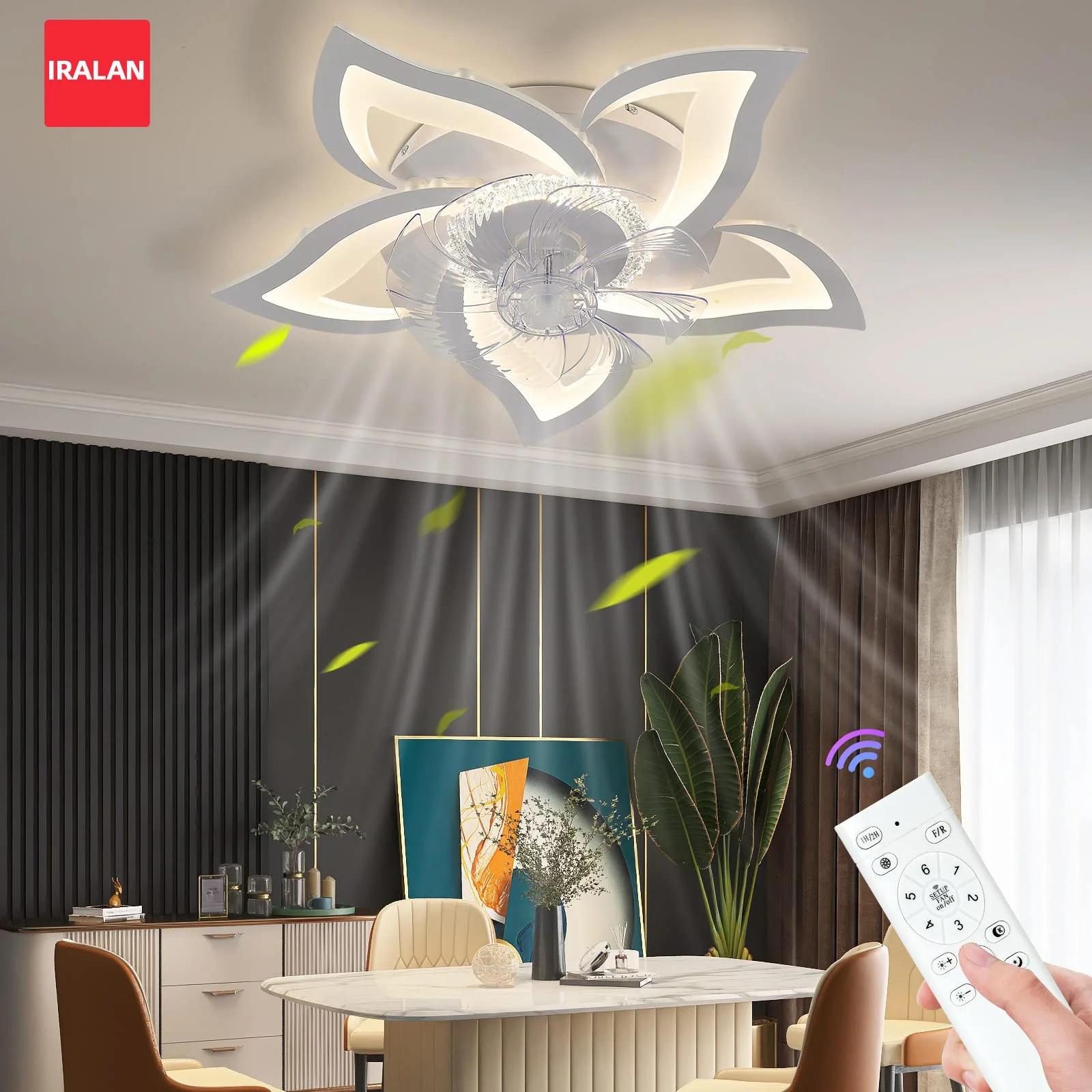 IRALAN Ceiling Fan with Lights,Modern Dimmable Flower Shape, Remote Control/app Control,Timing 6 Gear Speeds Fan Ceiling Lamp