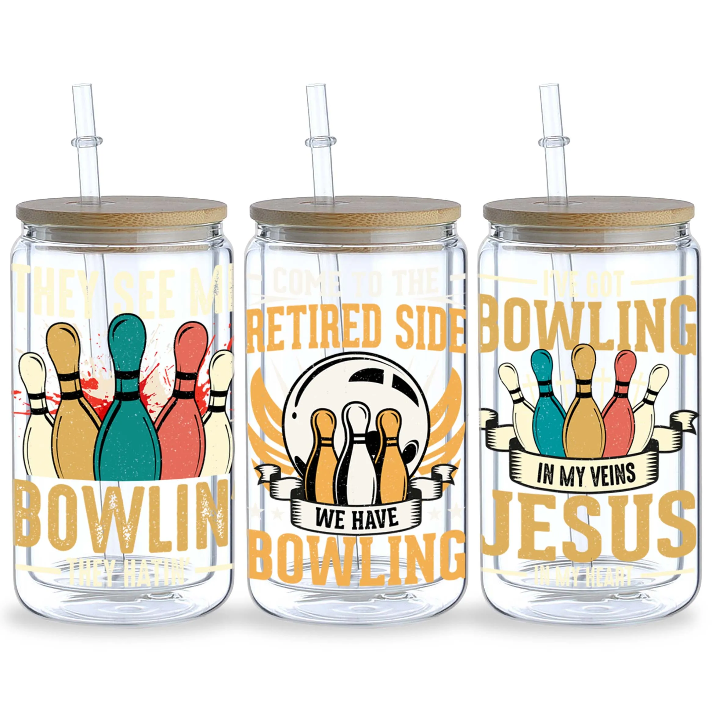 Bowling UV DTF Cup Stickers 5 Sheet for 16 oz Glass Mugs