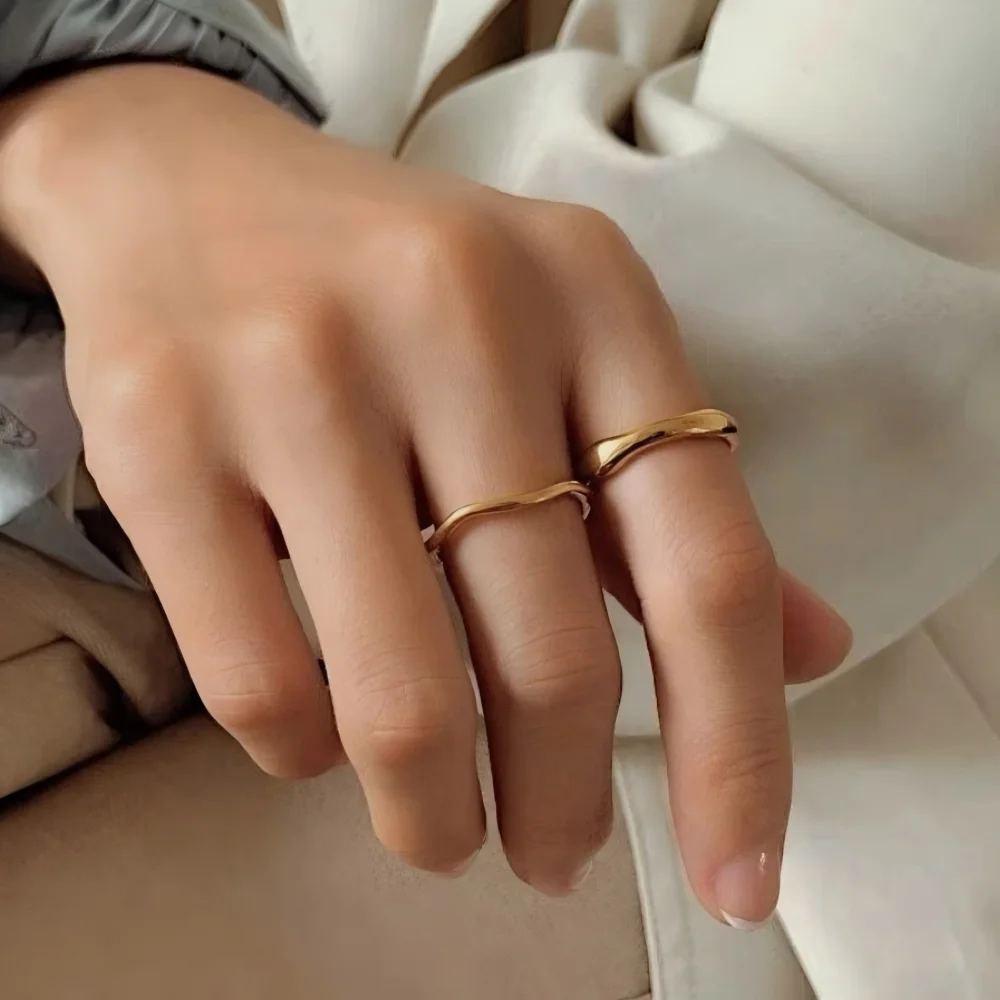 Ripple Stainless Steel Rings For women Gold Color Chunky Band  Stackable Silver Stacking Irregular Wave Minimalist Jewelry Set 3