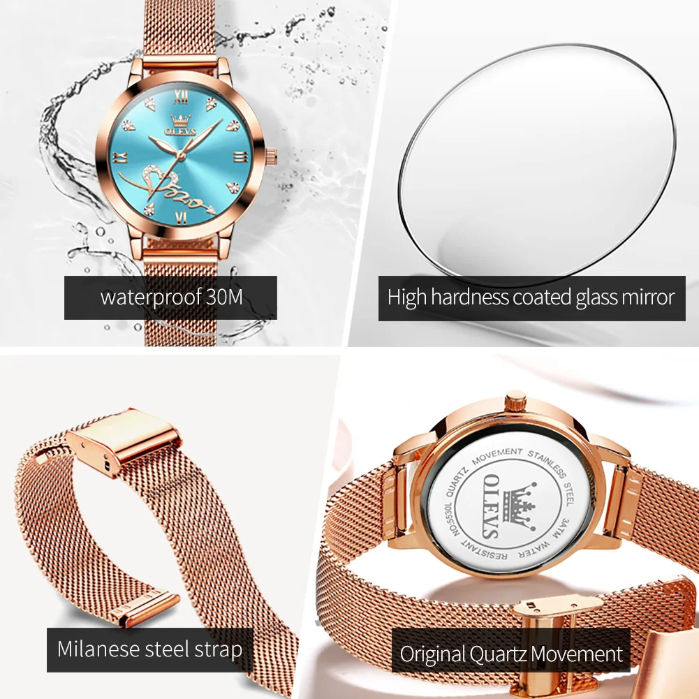 OLEVS Brand Fashion Quartz Watch for Women Luxury Rose Gold Stainless Steel Mesh Strap Waterproof Ladies Watch Relogio Feminino