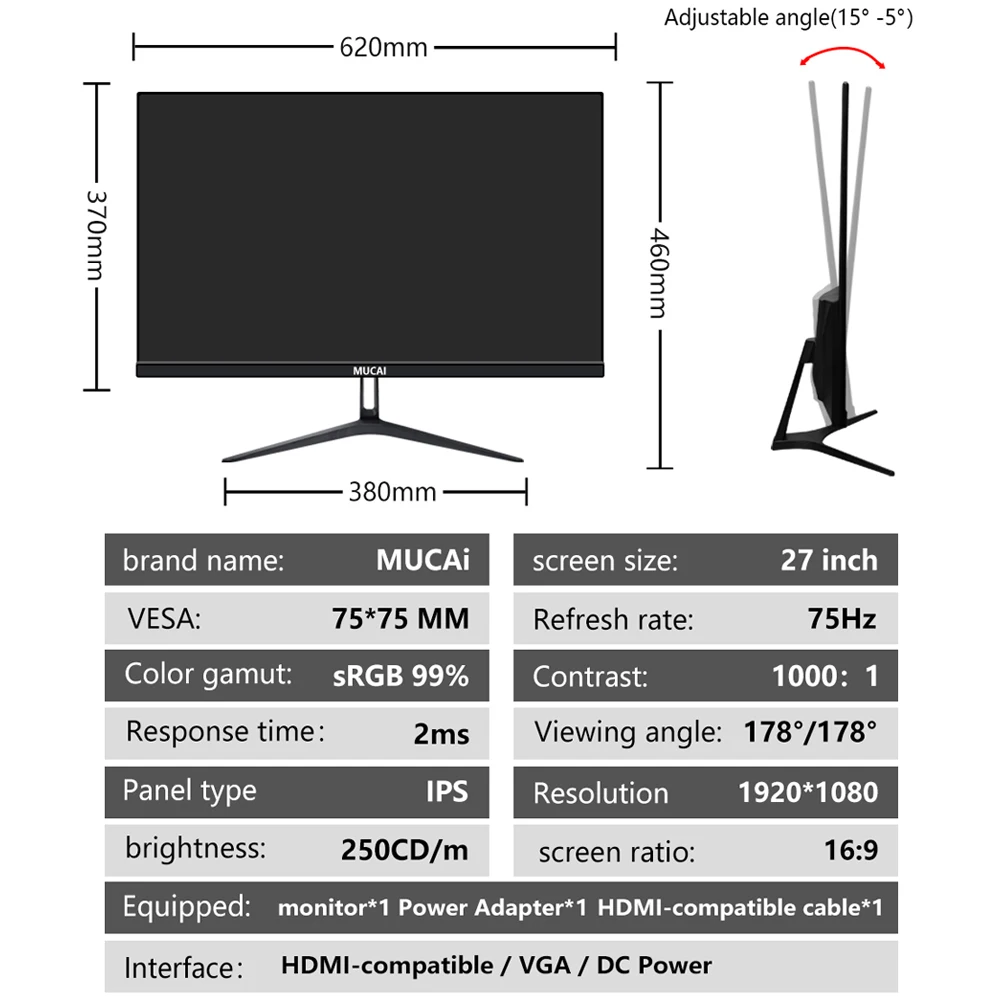 MUCAI N270E 27 ġ , 75Hz ÷, IPS ũž LED ǻ, 繫 FHD ȭ 16:9, Ŀ , VGA, HDMI ȣȯ, 1920x10